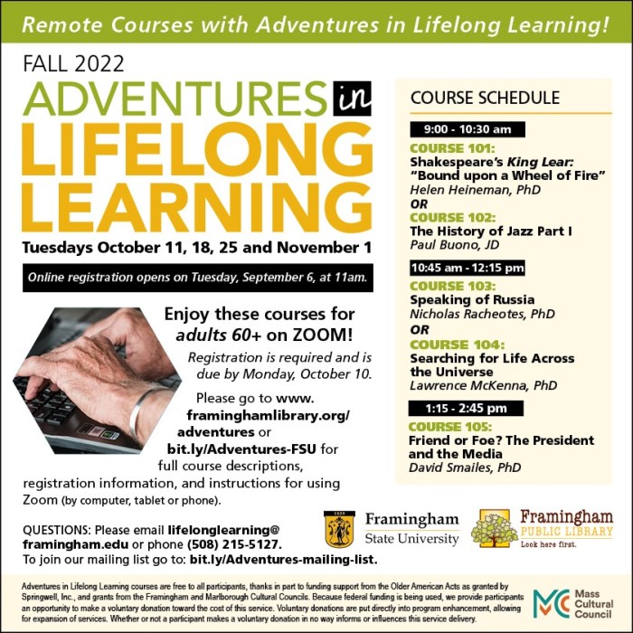 Adventures in Lifelong Learning announces fall program schedule