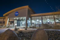 Image is NASA Armstrong Flight Research Center’s mission support building with a composite of 16 images of the eclipsed moons overhead during Jan. 31 Super Blue Blood Moon.